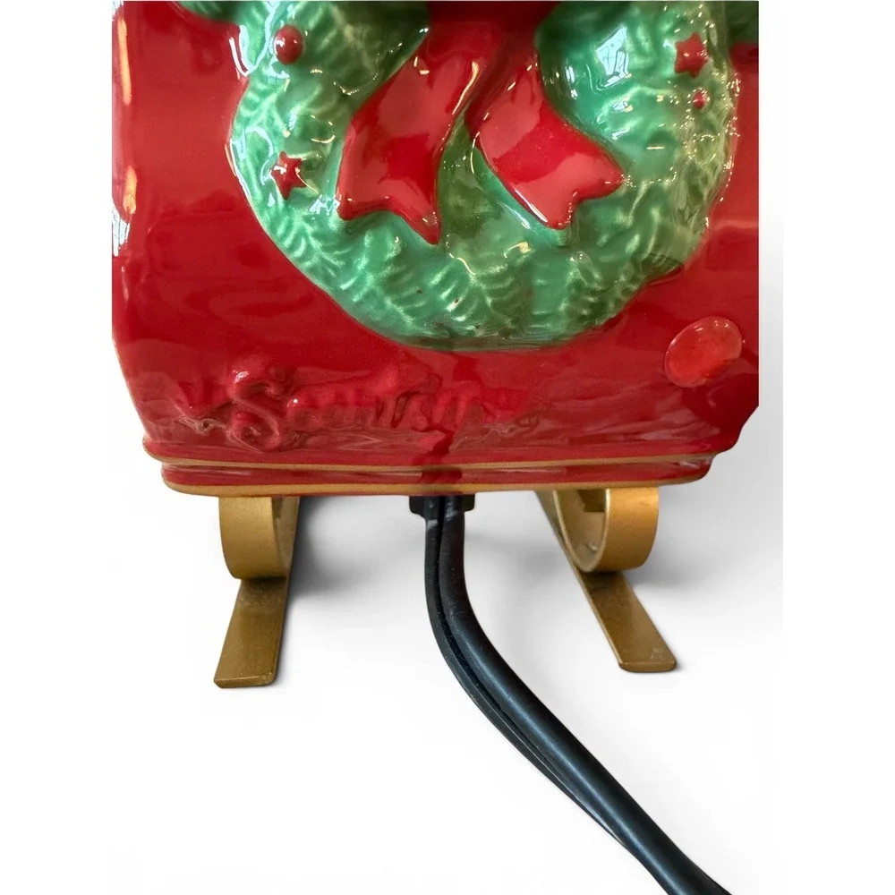 Scentsy Christmas Sleigh Wax Warmer Red Ceramic Gold Runners Holiday SCE-30149
